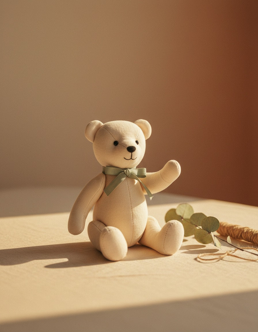 Handmade cream plush bear with sage ribbon in warm light